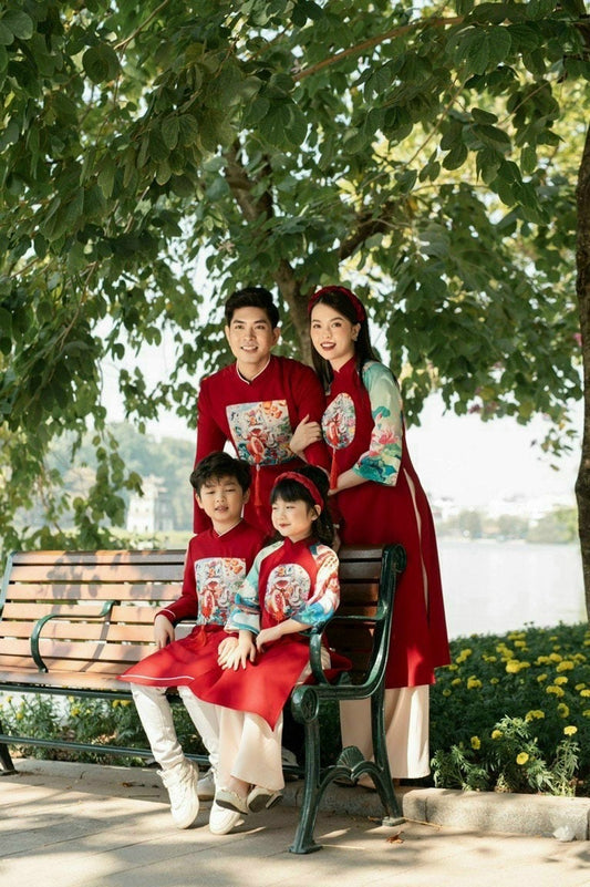 Taffeta Material Family Red Lotus & Koi Ao Dai Set
