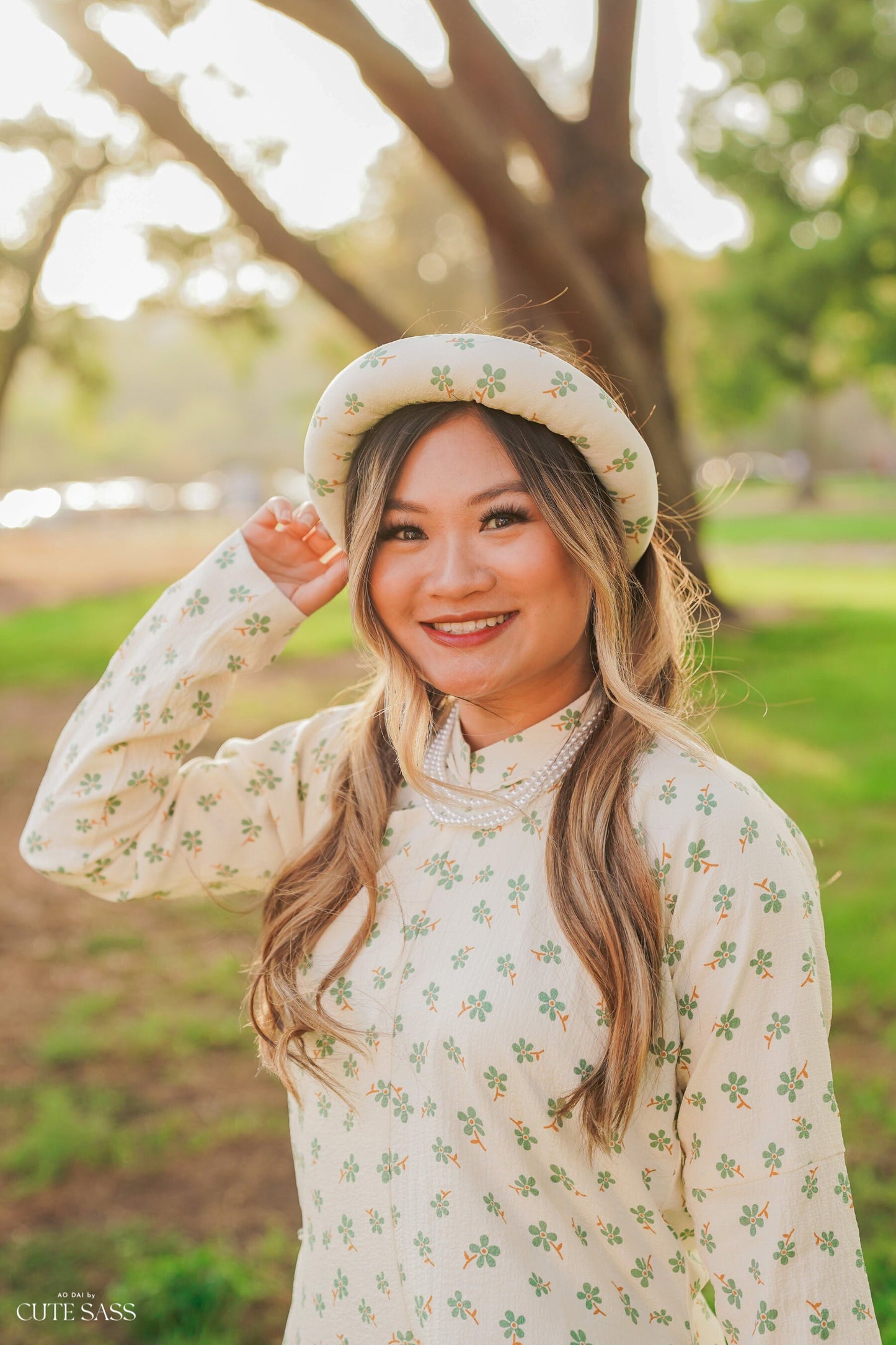 Áo Ngũ Thân Tay Chẽn Set - Green Daisy