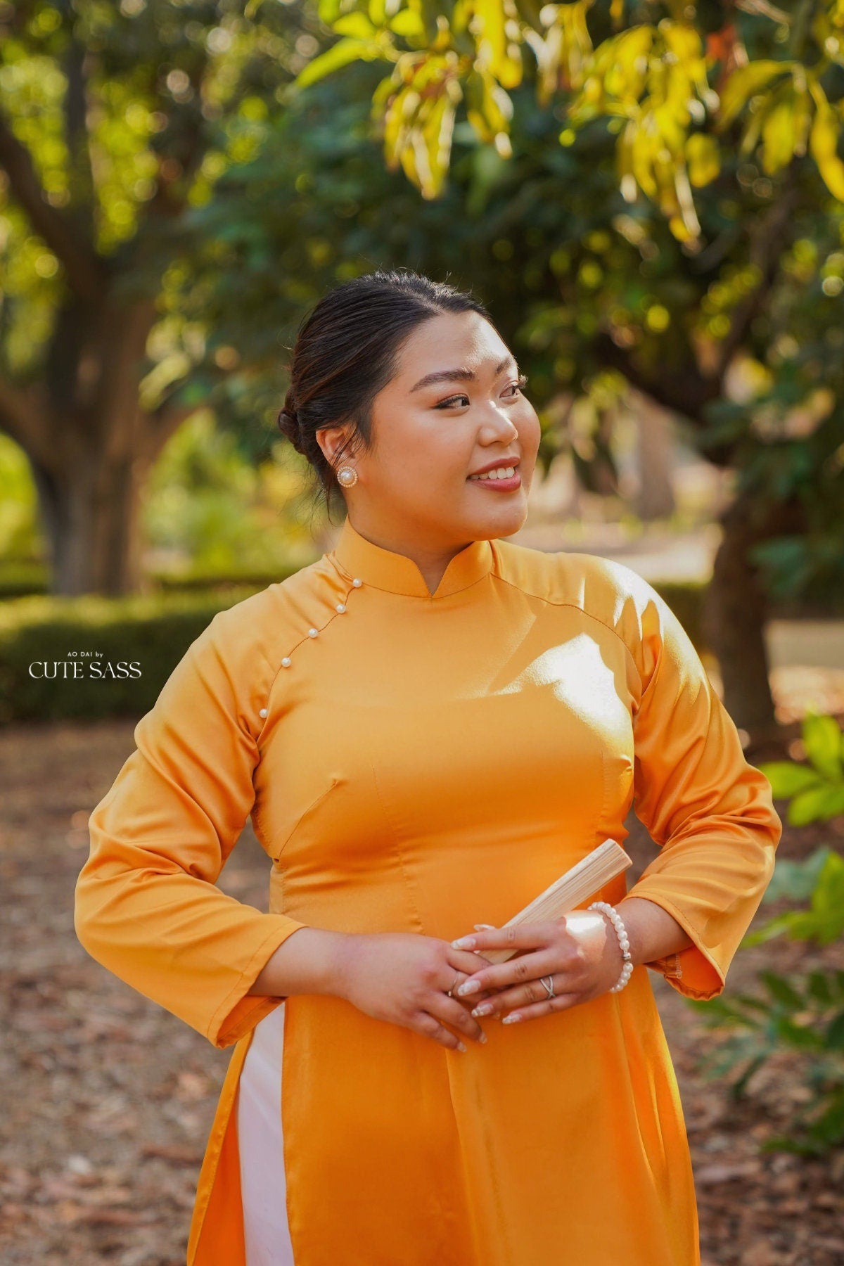 Mustard Yellow Ngoc Trai Silk Pearl Ao Dai Set