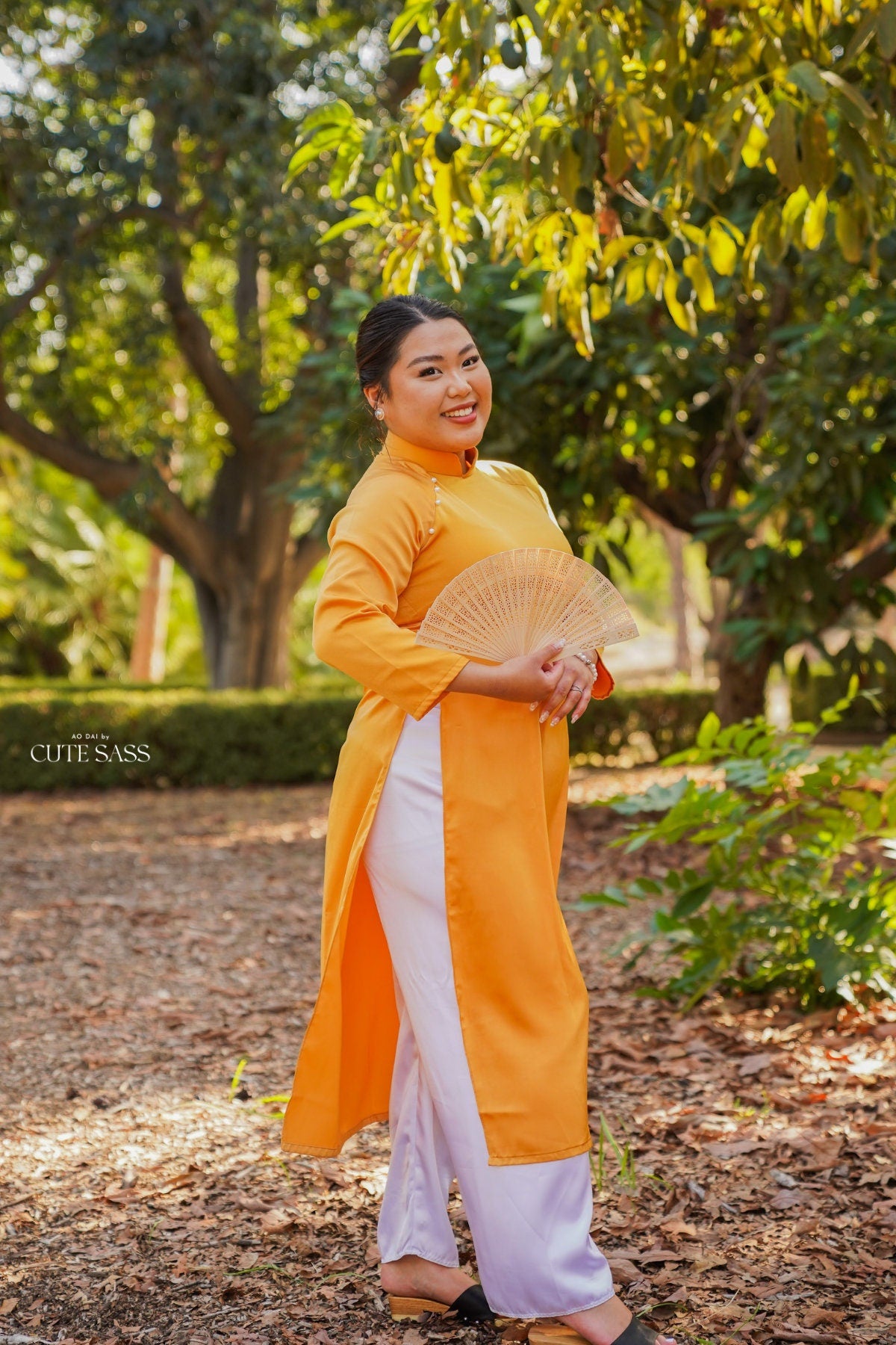 Mustard Yellow Ngoc Trai Silk Pearl Ao Dai Set