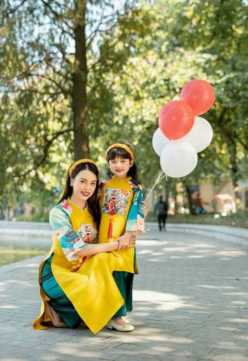 Taffeta Material Yellow Red Lotus & Koi Ao Dai Set