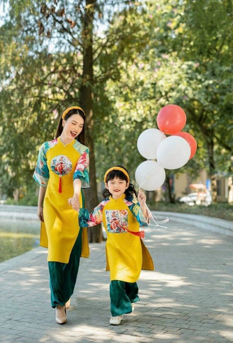 Taffeta Material Yellow Red Lotus & Koi Ao Dai Set