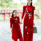 Mom and Daughter Red Velvet Embroidery Ao Dai Top Only, NO PANTS