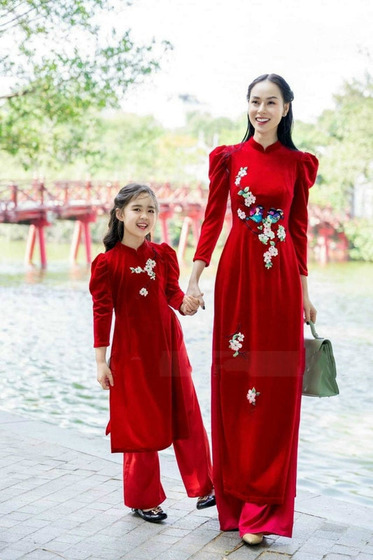 Mom and Daughter Red Velvet Embroidery Ao Dai Top Only, NO PANTS