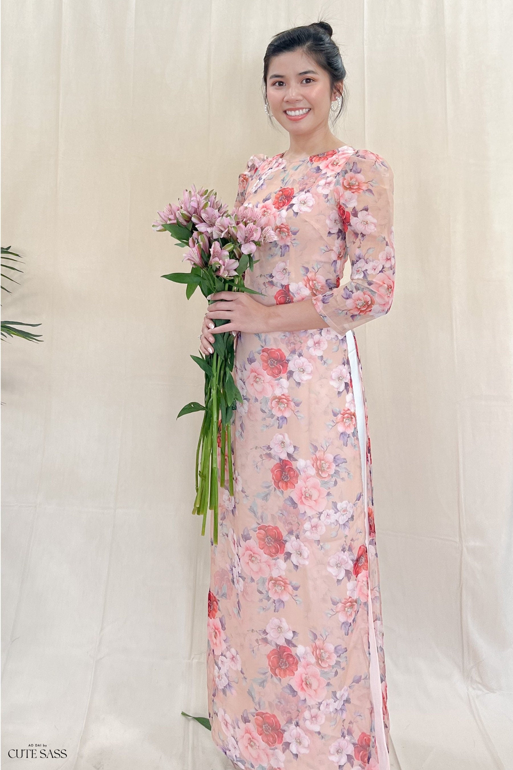 Delicate Flowers Chiffon Ao Dai Top Only (NO Pants)
