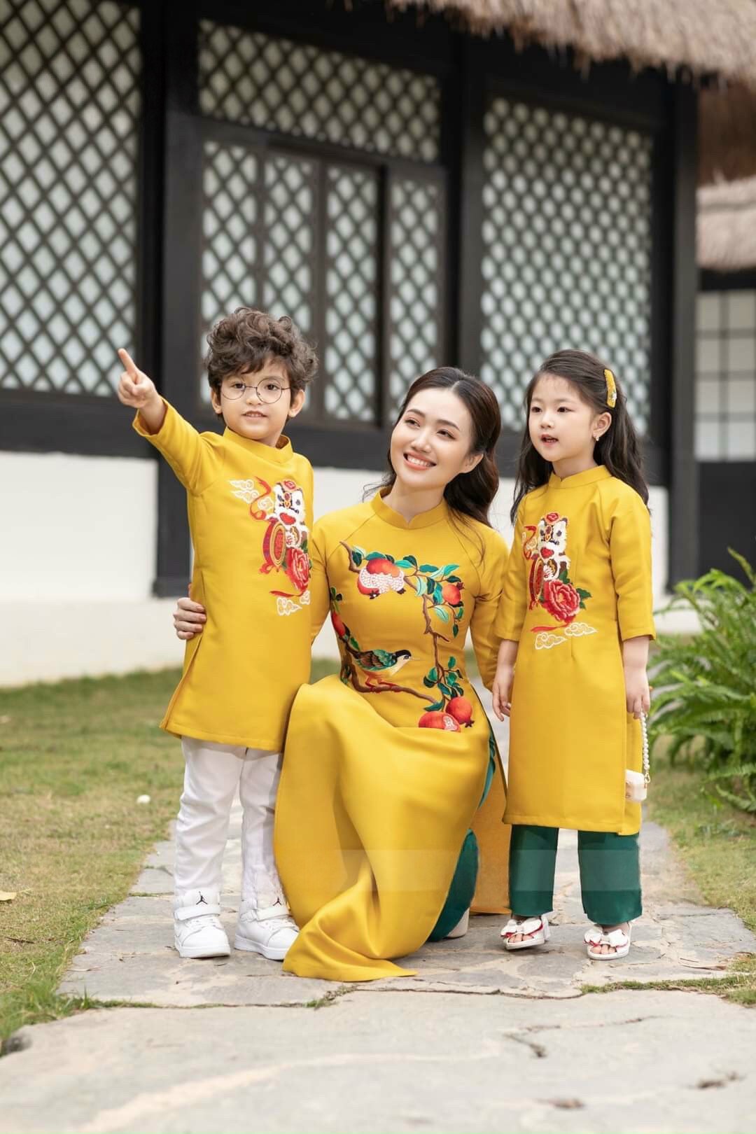 Family Yellow Embroidery Ao Dai Set