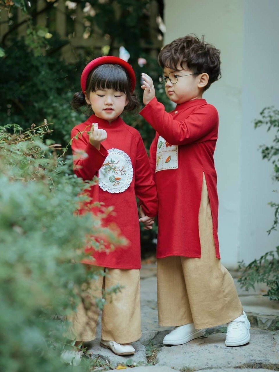 Sibling Red Ao Dai Set