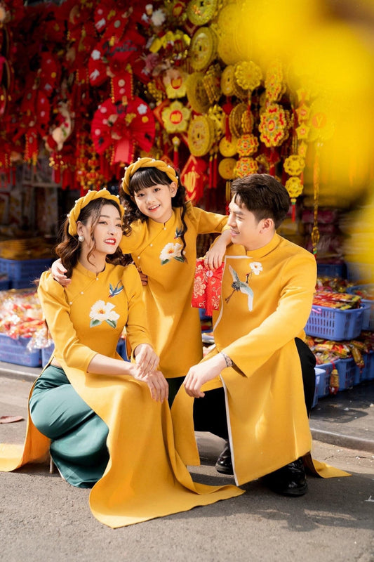 Family Yellow Embroidery Ao Dai Set (No Headband)