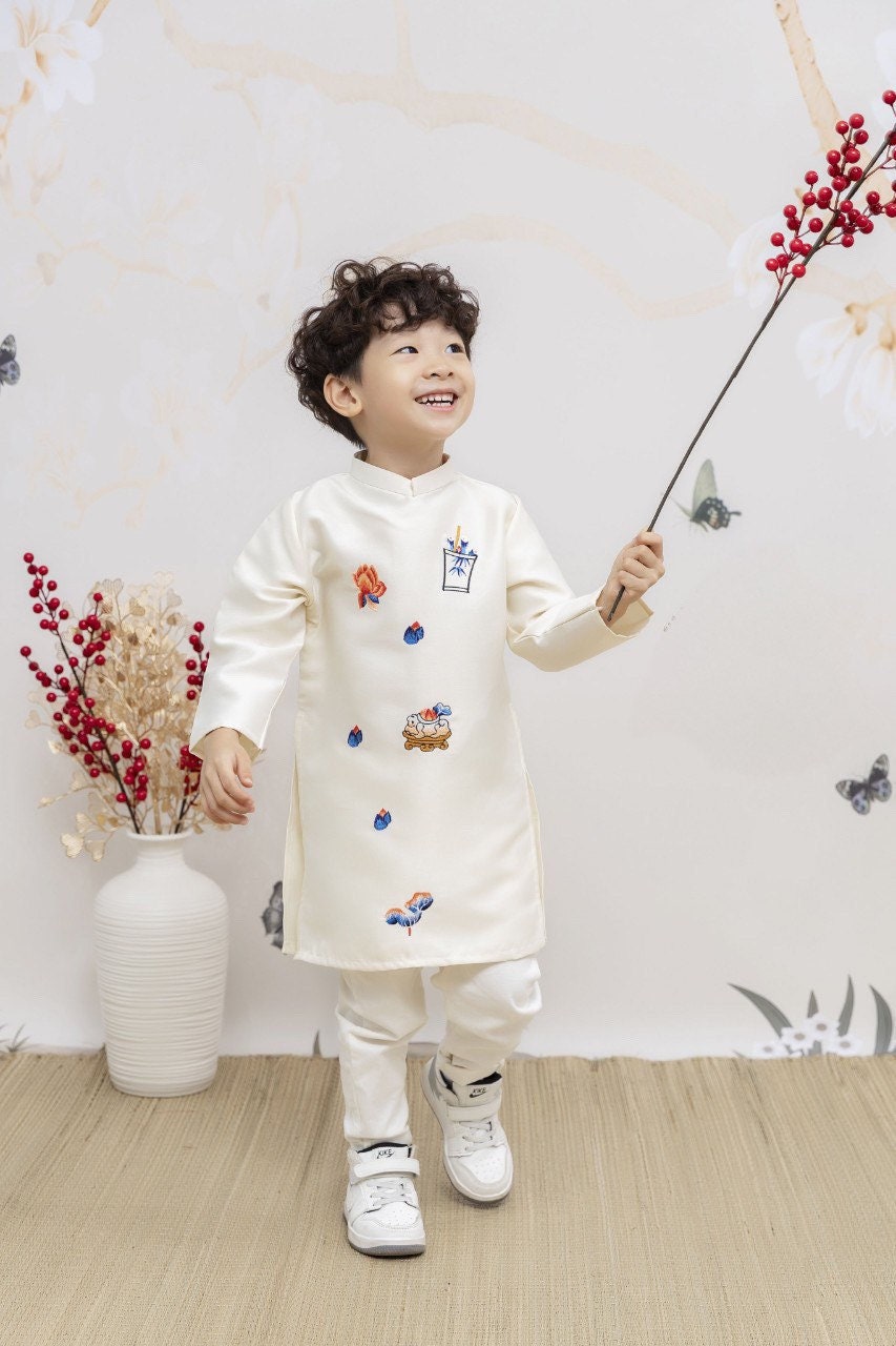 Boy White Cute Patterns Ao Dai