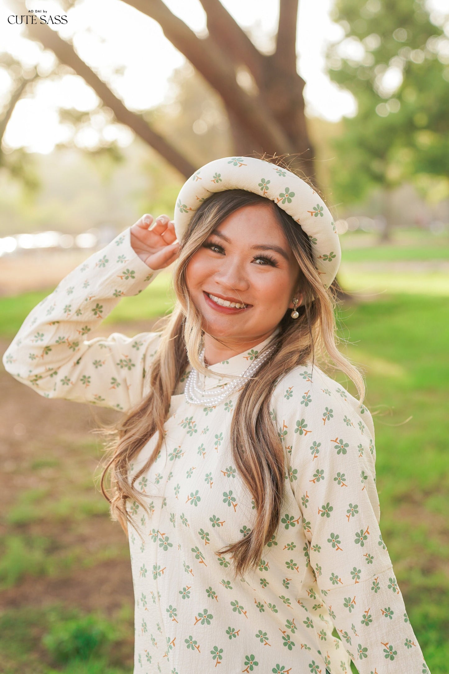 Áo Ngũ Thân Tay Chẽn Set - Green Daisy