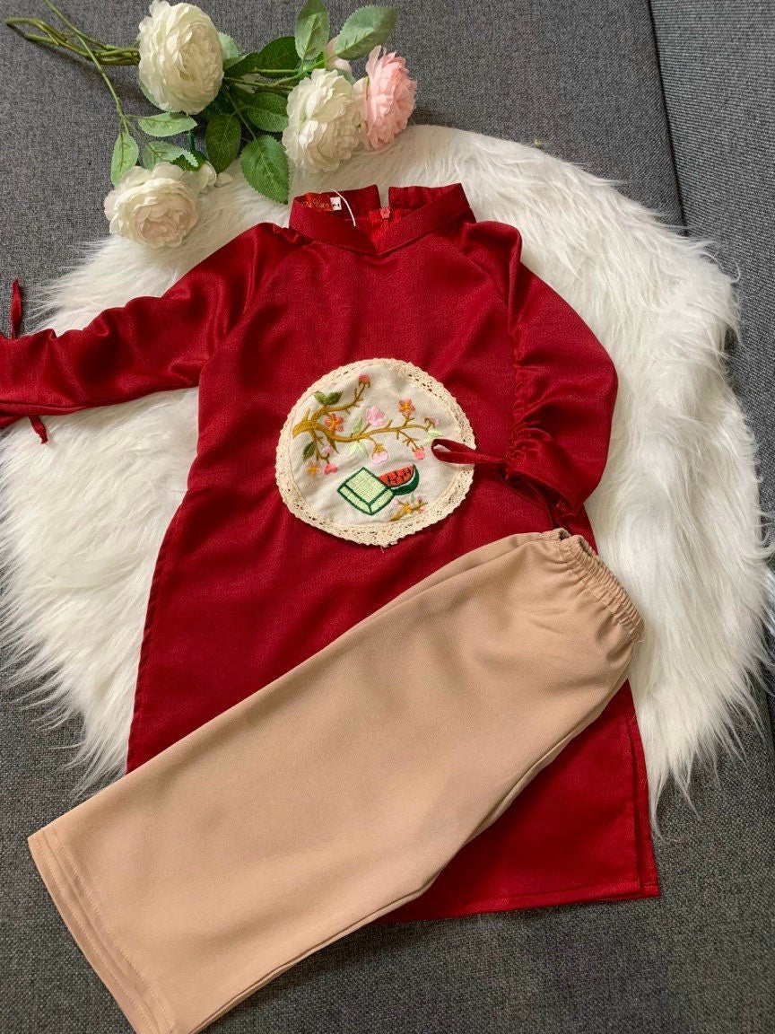 Red Girl String Sleeve Ao Dai Set
