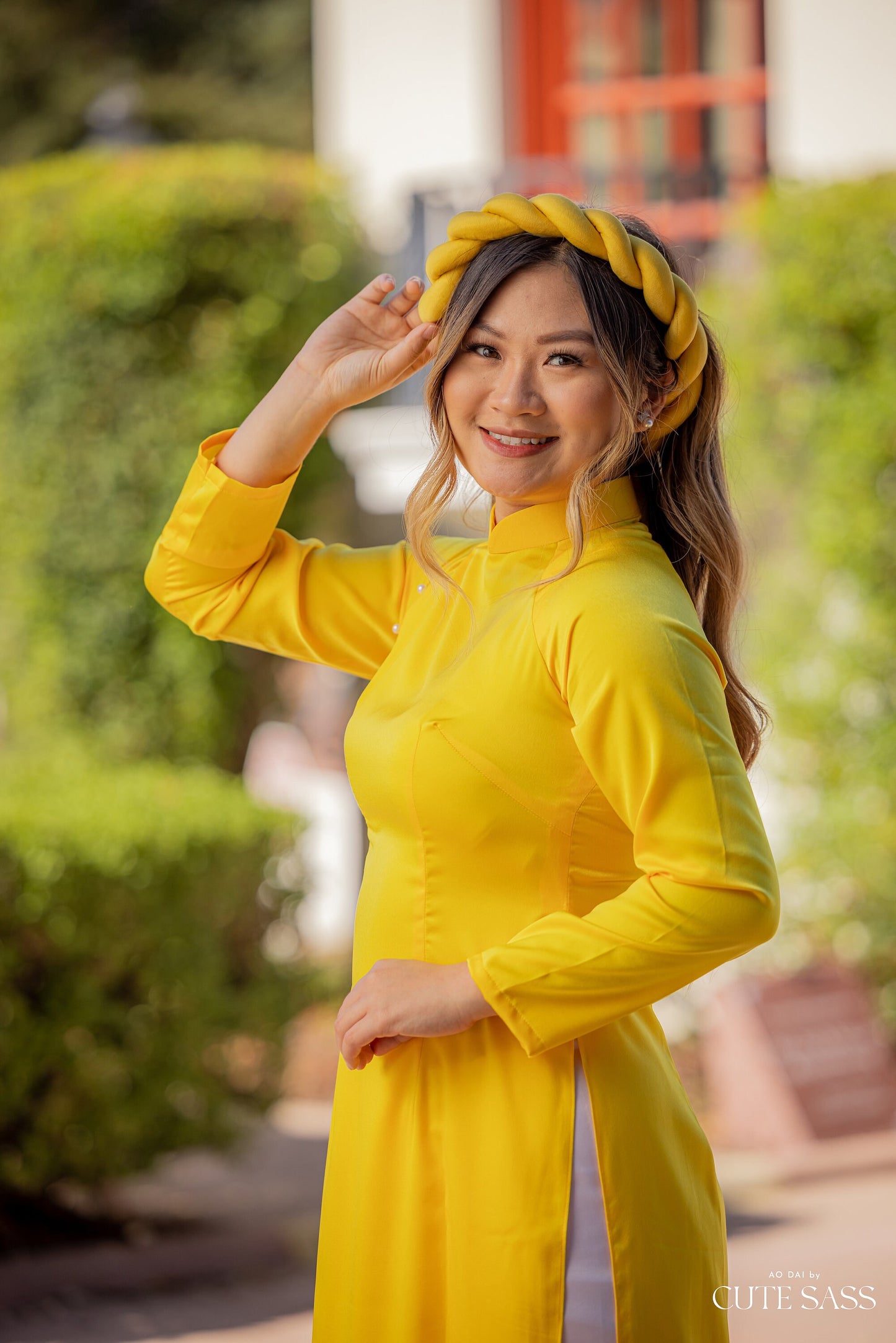 Yellow Ngoc Trai Silk Pearl Ao Dai Set