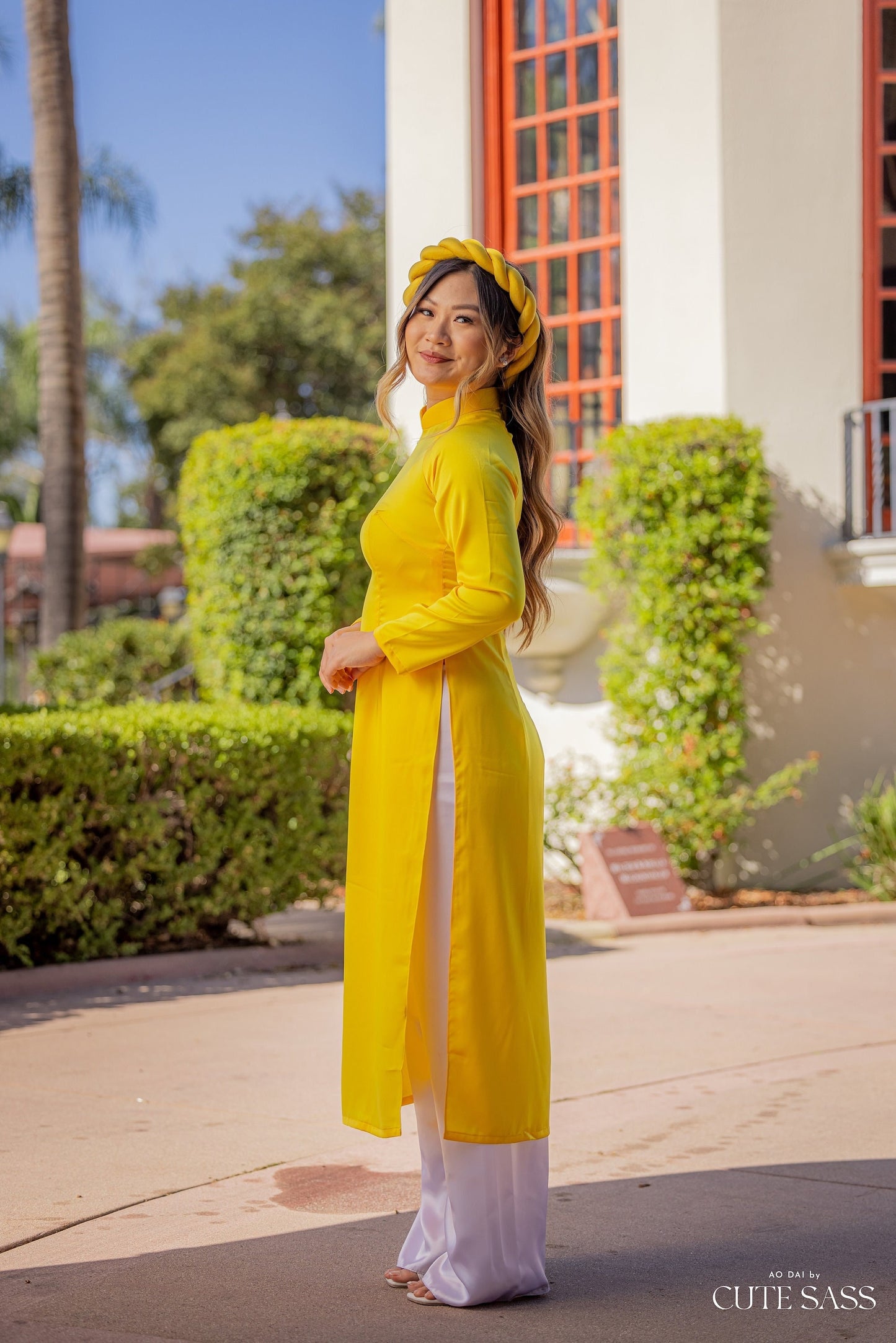 Yellow Ngoc Trai Silk Pearl Ao Dai Set