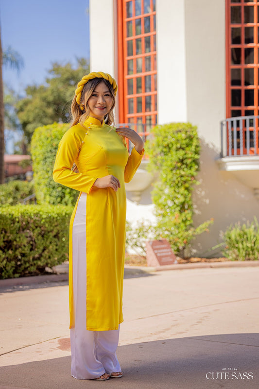 Yellow Ngoc Trai Silk Pearl Ao Dai Set