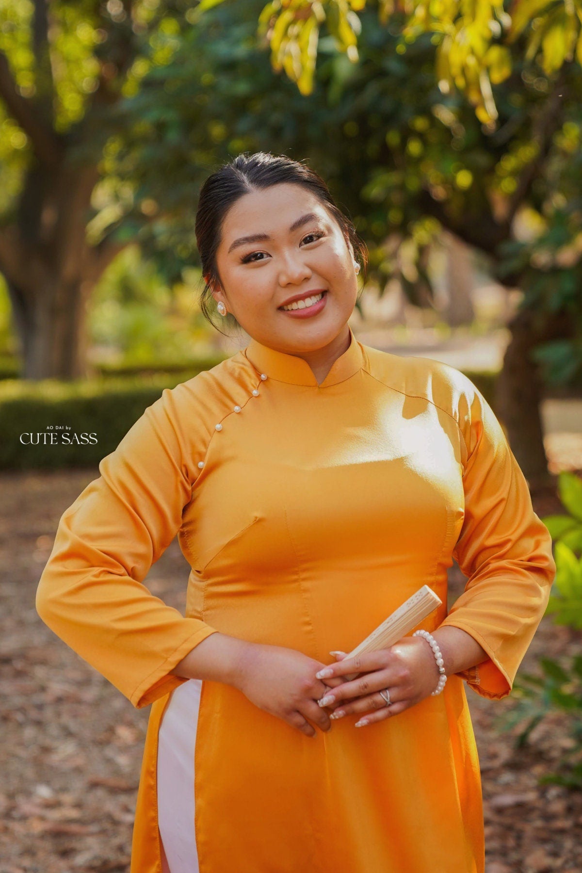 Mustard Yellow Ngoc Trai Silk Pearl Ao Dai Set