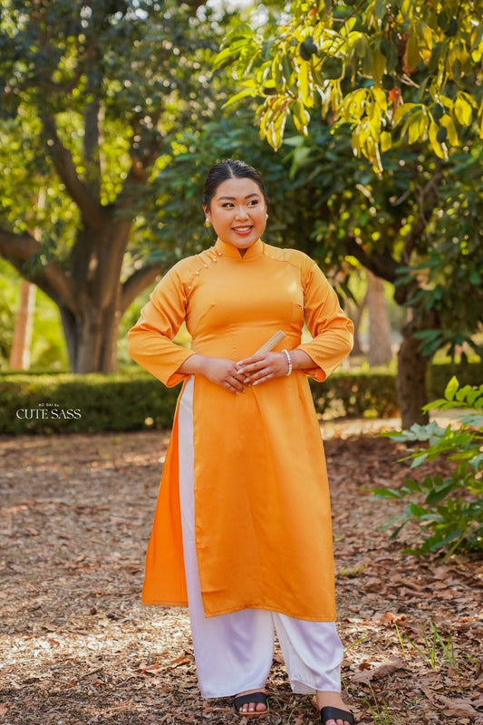 Mustard Yellow Ngoc Trai Silk Pearl Ao Dai Set