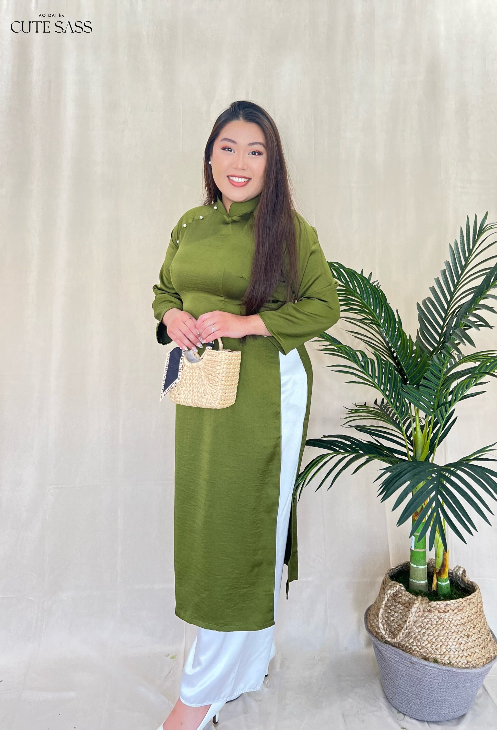 Dark Green Ngoc Trai Silk Pearl Ao Dai Set