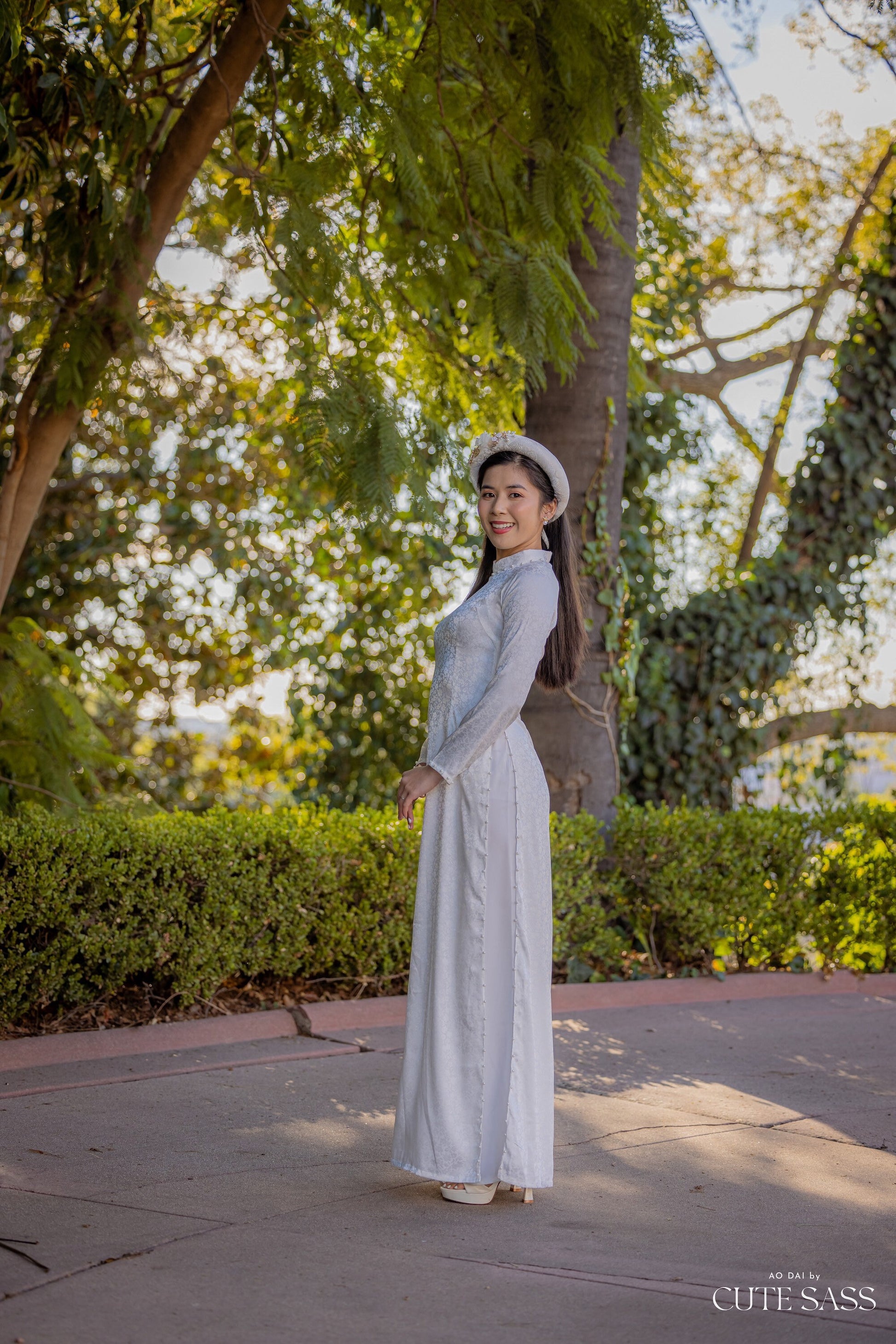 Plain White Gam Silk with Pearls Ao Dai Set
