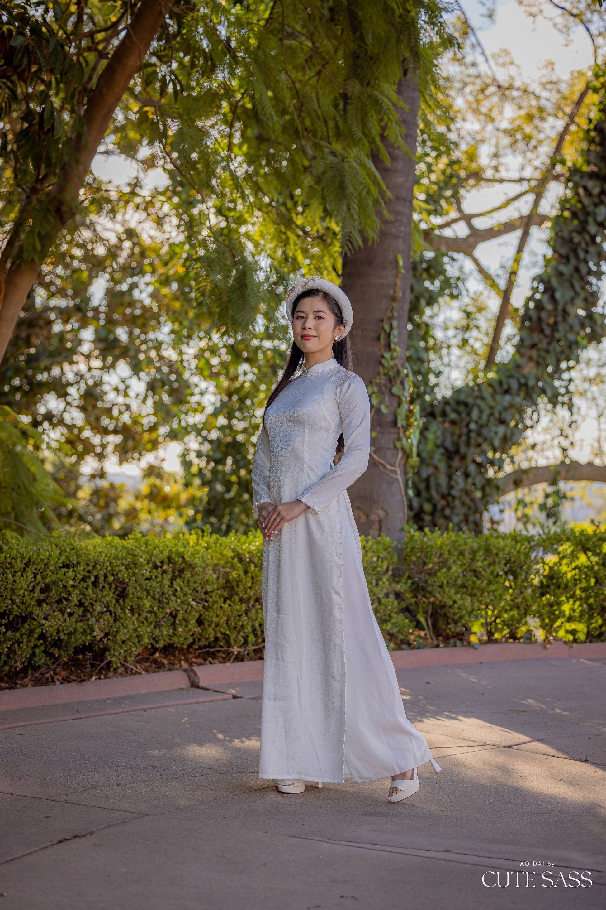 Plain White Gam Silk with Pearls Ao Dai Set