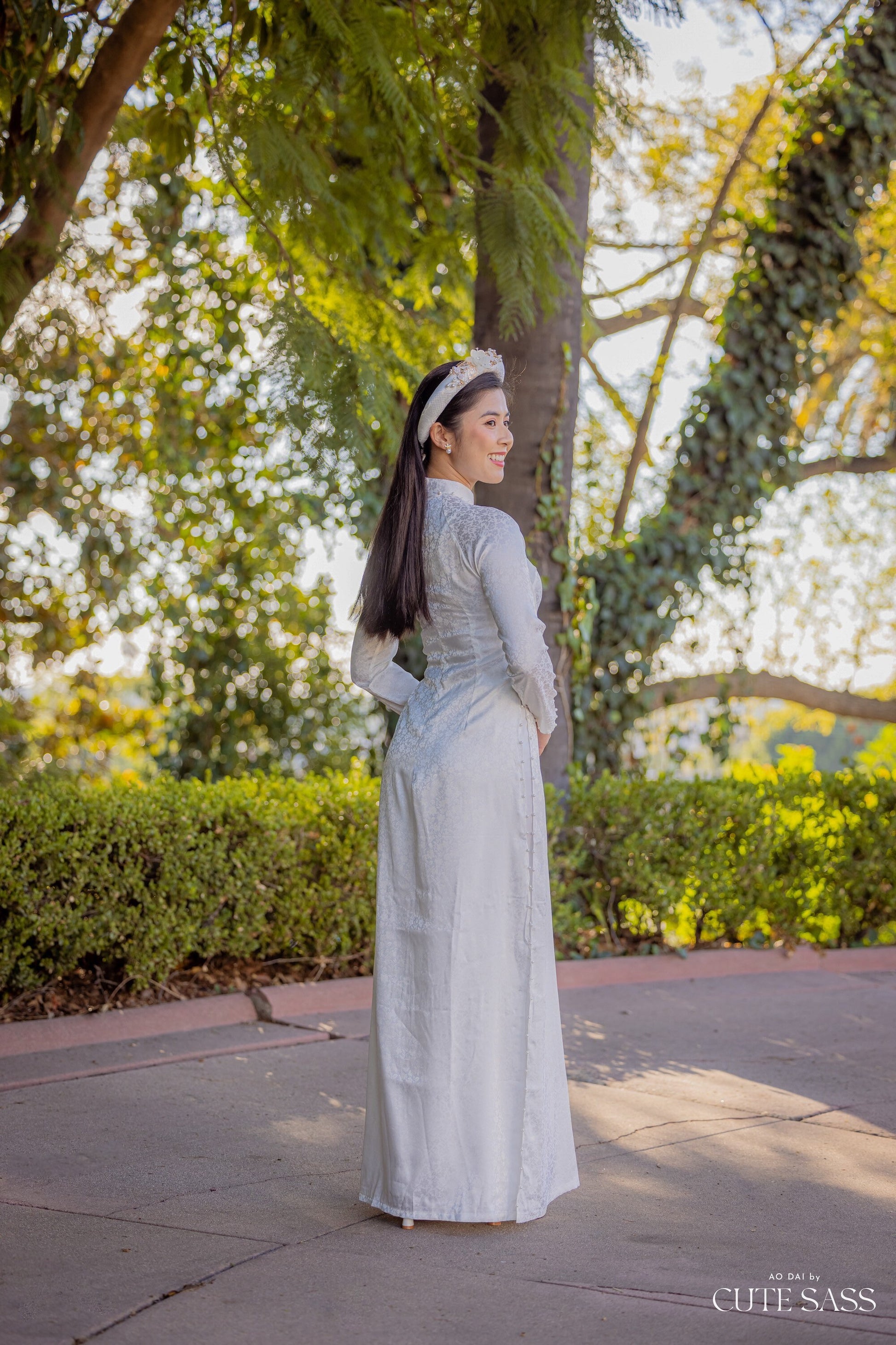Plain White Gam Silk with Pearls Ao Dai Set
