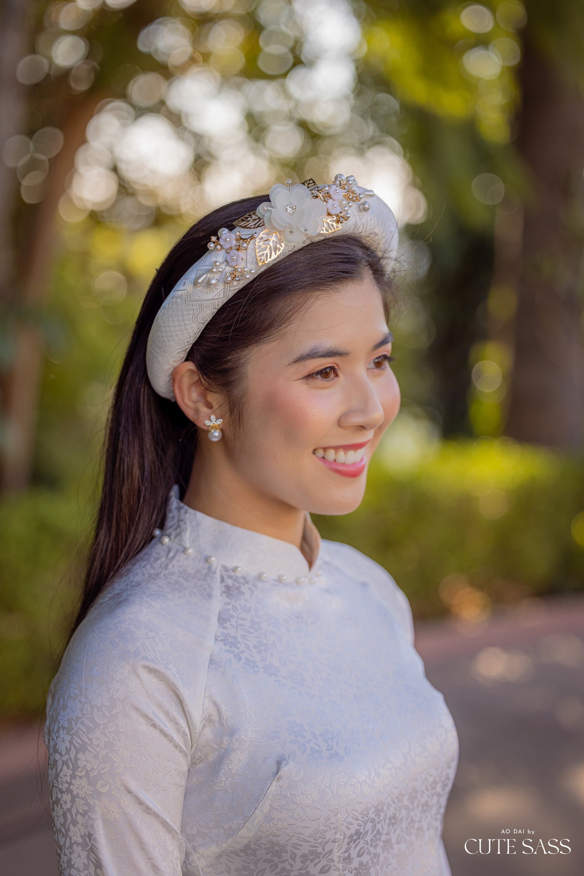 Plain White Gam Silk with Pearls Ao Dai Set