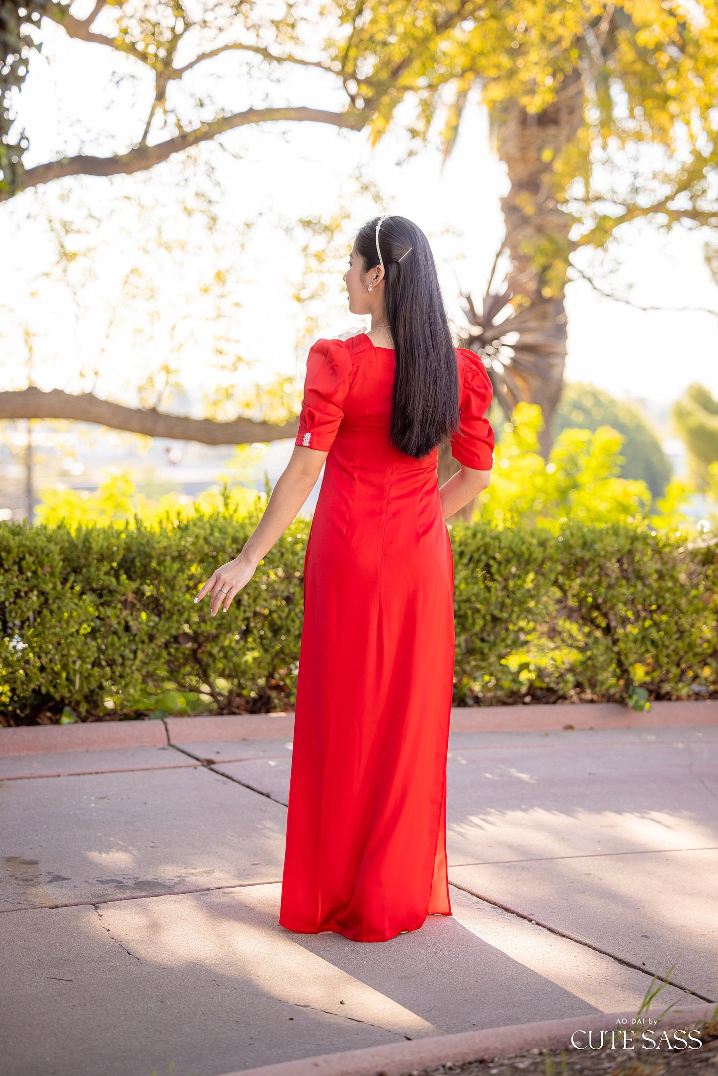 Red Square Neck 3D Flowers Silk Ao Dai Set