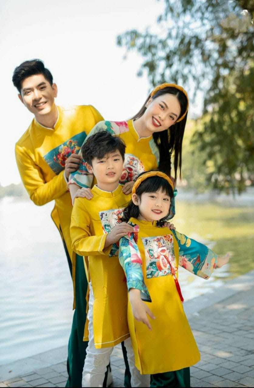 Taffeta Material Yellow Red Lotus & Koi Ao Dai Set