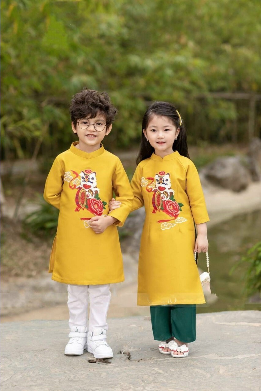 Family Yellow Embroidery Ao Dai Set