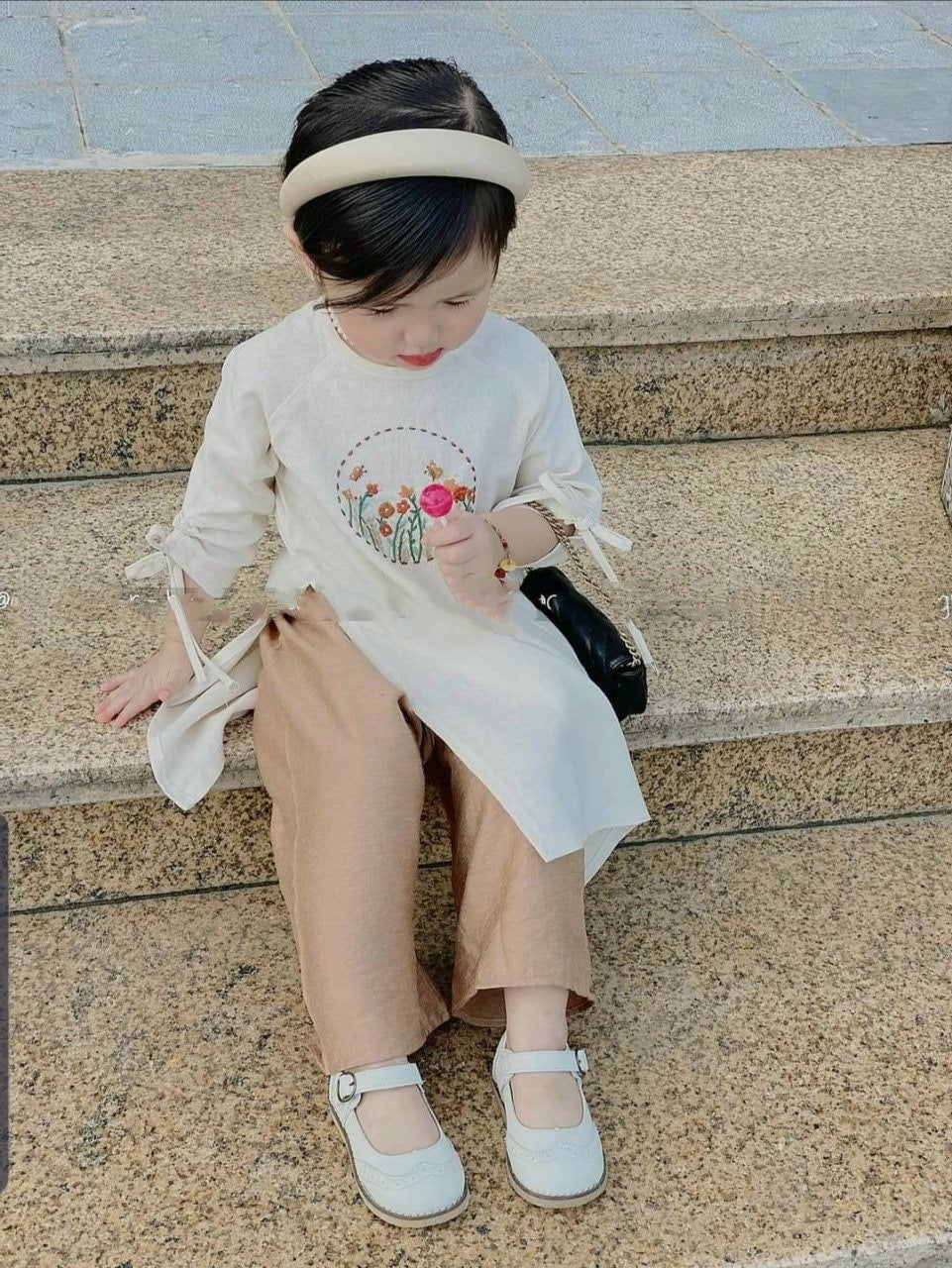 White Girl String Sleeve Ao Dai Set