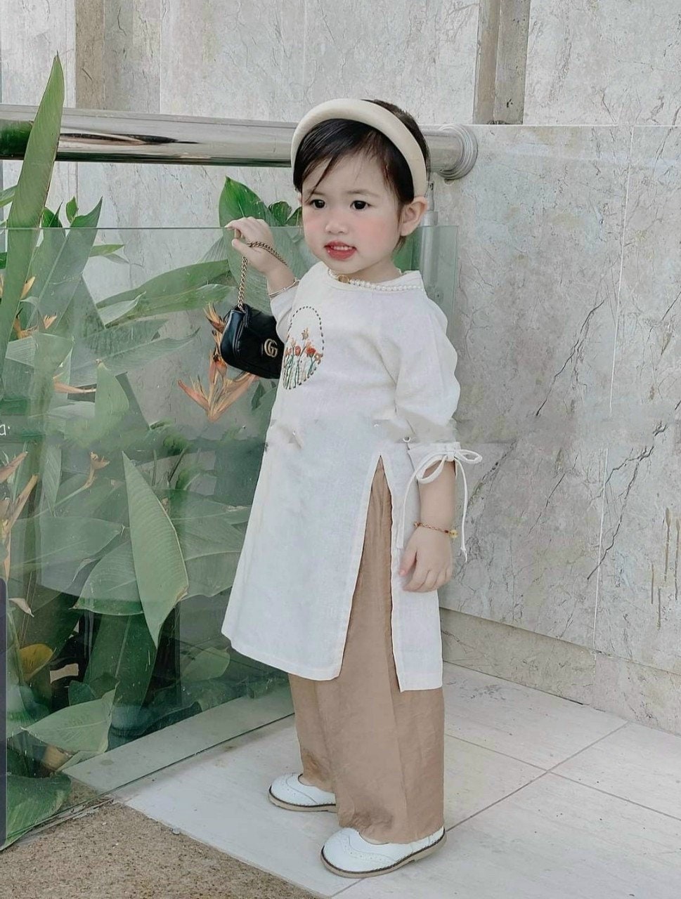 White Girl String Sleeve Ao Dai Set