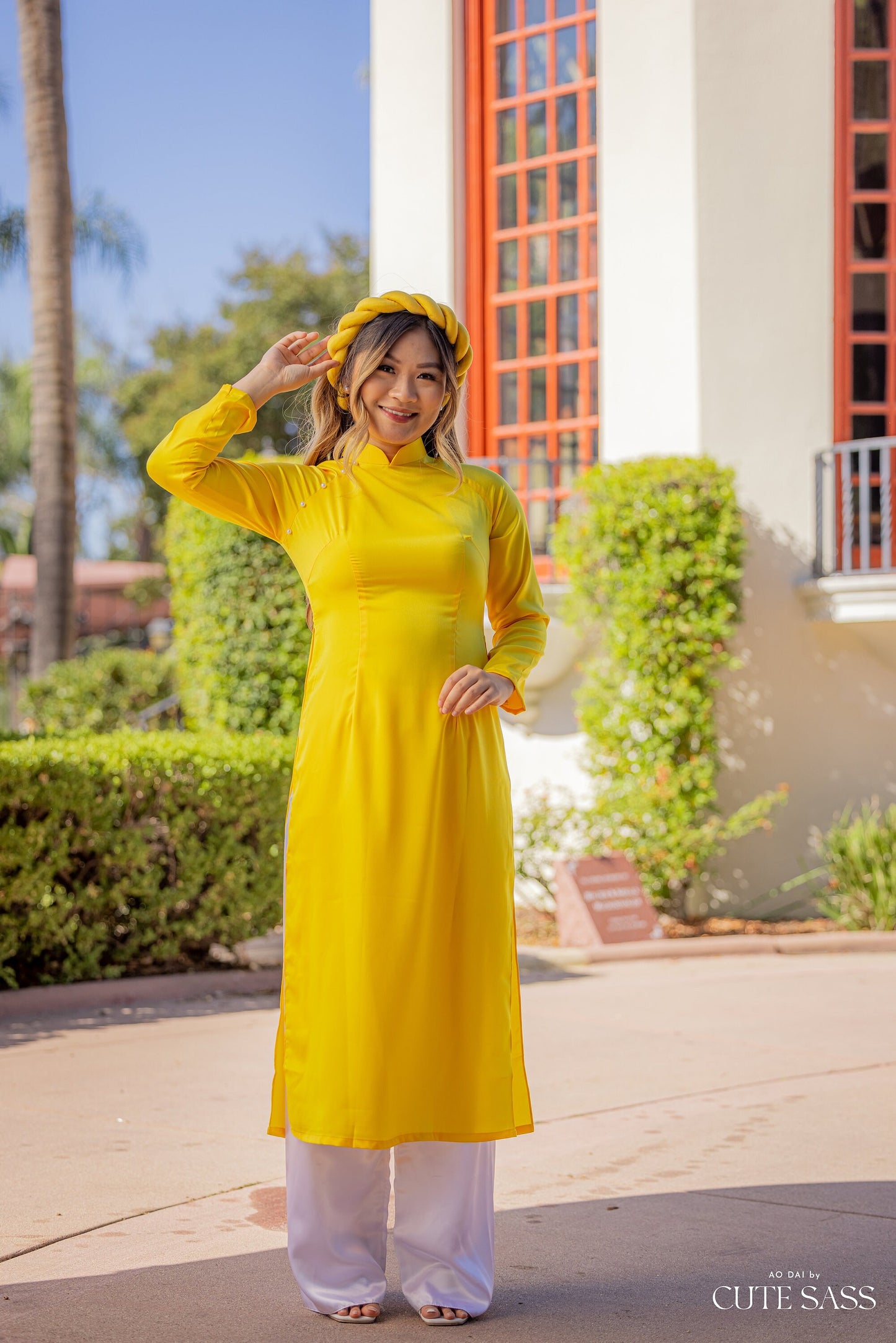Yellow Ngoc Trai Silk Pearl Ao Dai Set