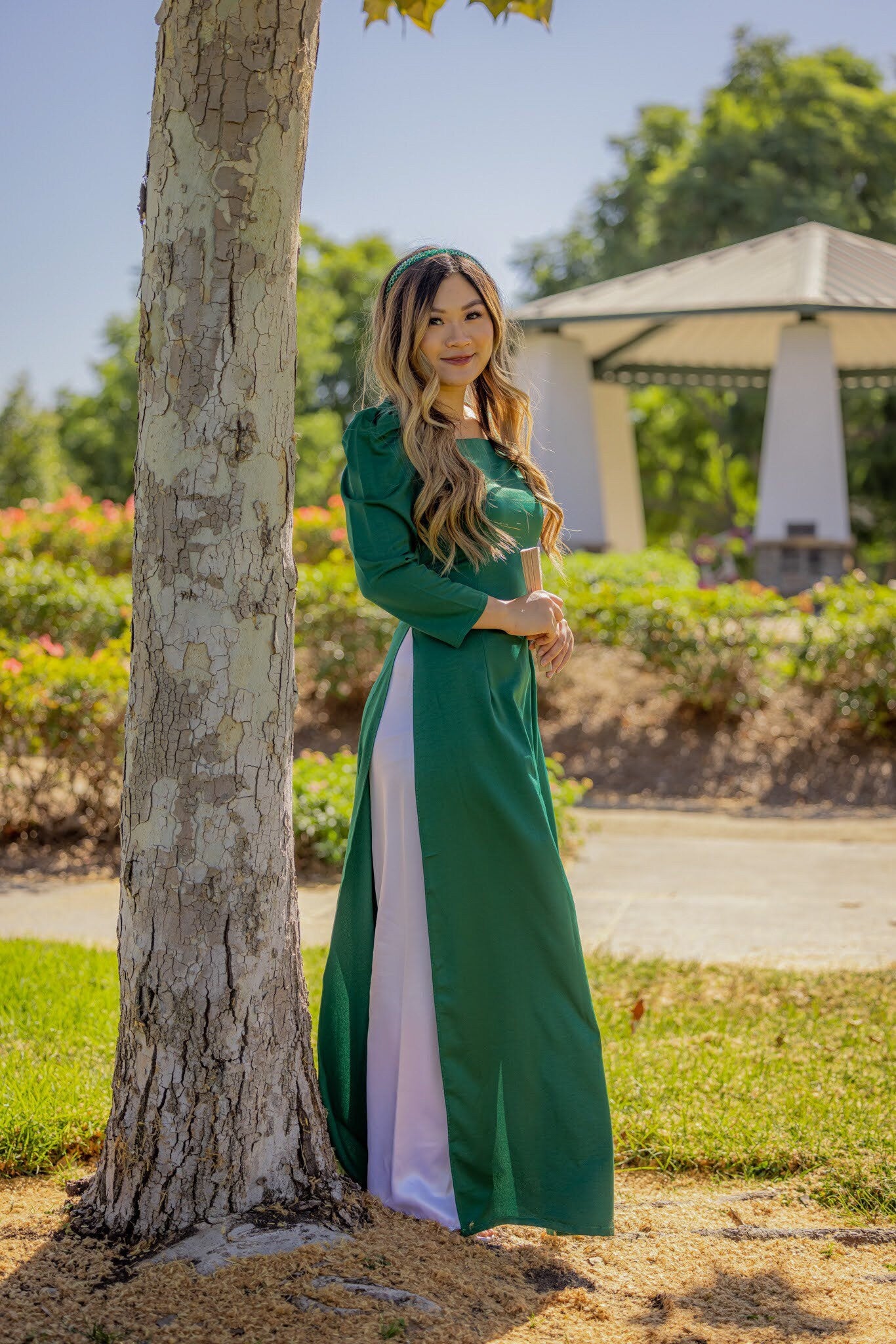 Green Puffy Sleeve Square Neck Silk Ao Dai Top Only (NO PANTS) | Pre-made Traditional Vietnamese Ao Dai| Women Ao Dai Silk | Lunar New Year|