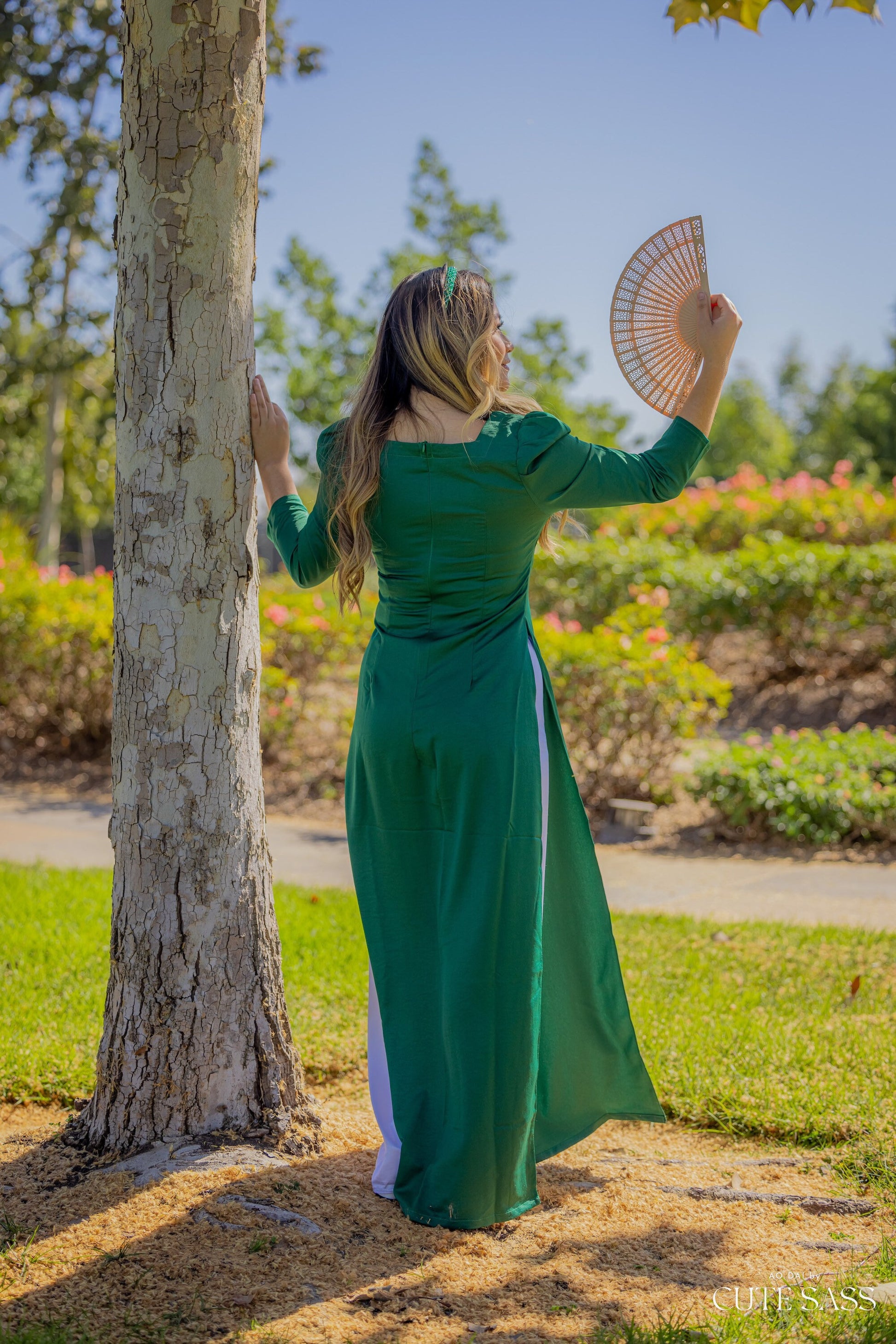 Green Puffy Sleeve Square Neck Silk Ao Dai Top Only (NO PANTS) | Pre-made Traditional Vietnamese Ao Dai| Women Ao Dai Silk | Lunar New Year|