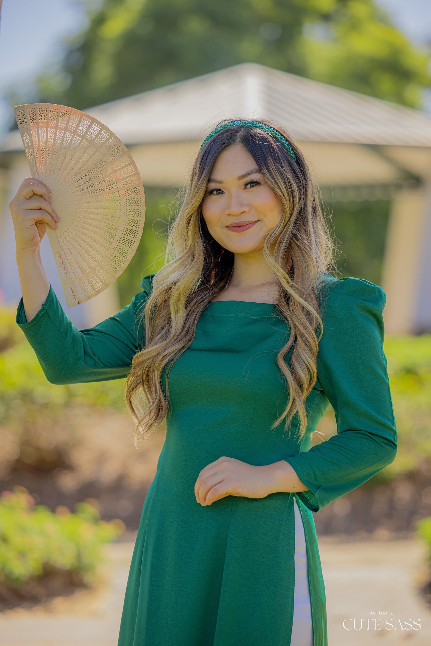 Green Puffy Sleeve Square Neck Silk Ao Dai Top Only (NO PANTS) | Pre-made Traditional Vietnamese Ao Dai| Women Ao Dai Silk | Lunar New Year|