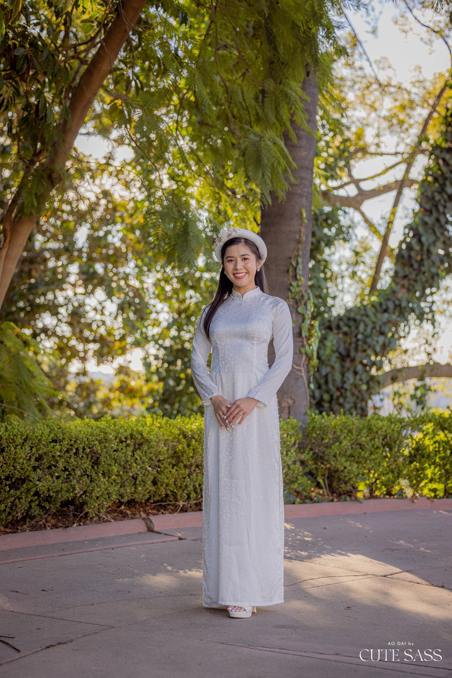 Plain White Gam Silk with Pearls Ao Dai Set