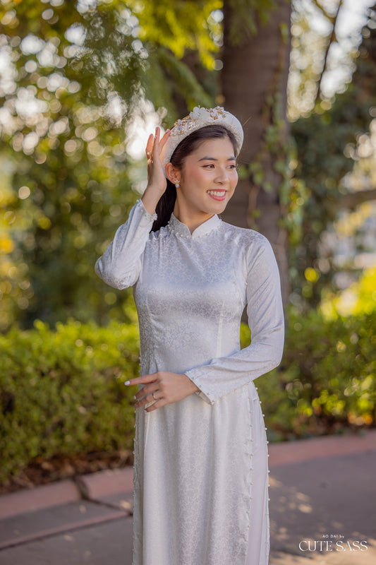 Plain White Gam Silk with Pearls Ao Dai Set