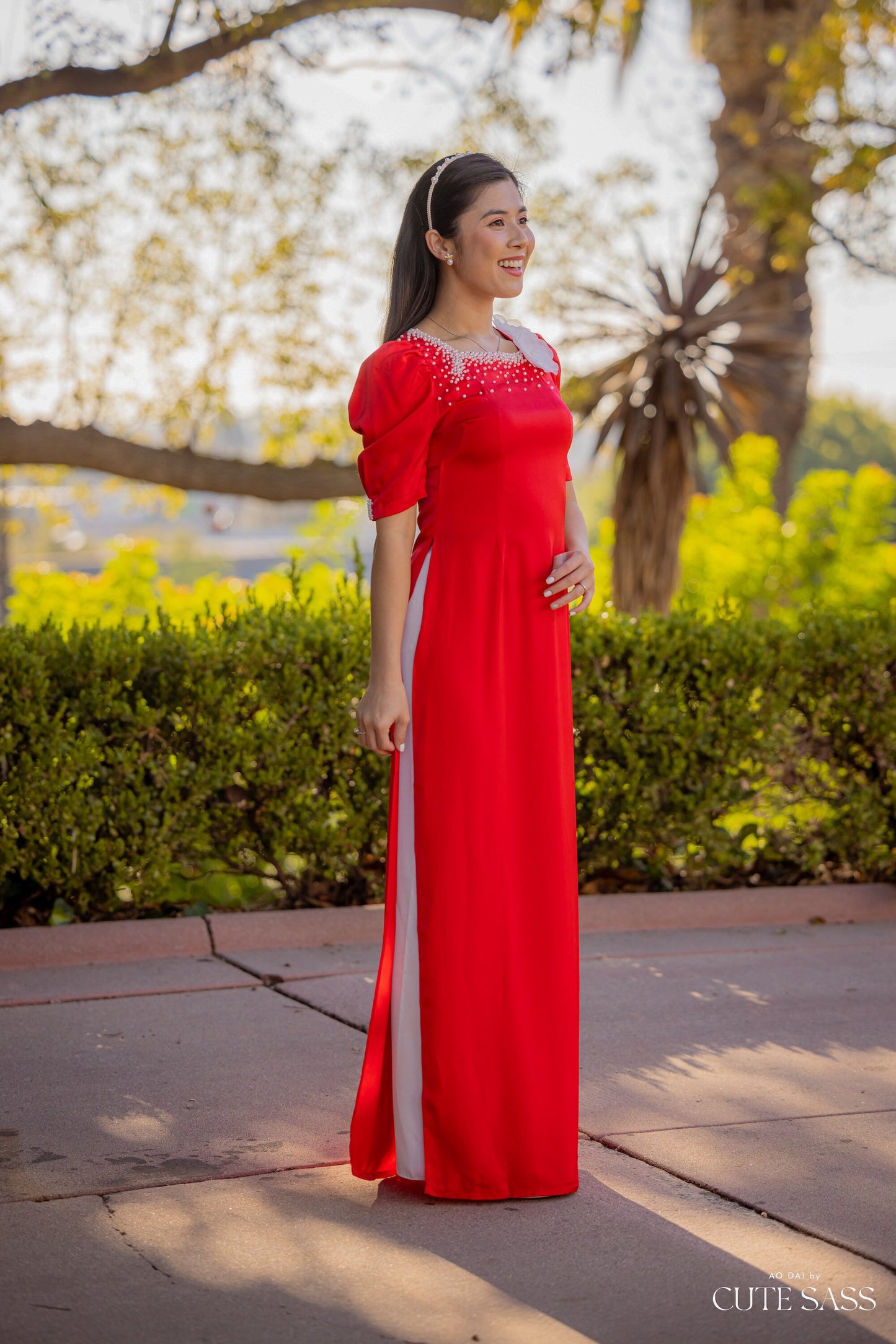 Red Square Neck 3D Flowers Silk Ao Dai Set