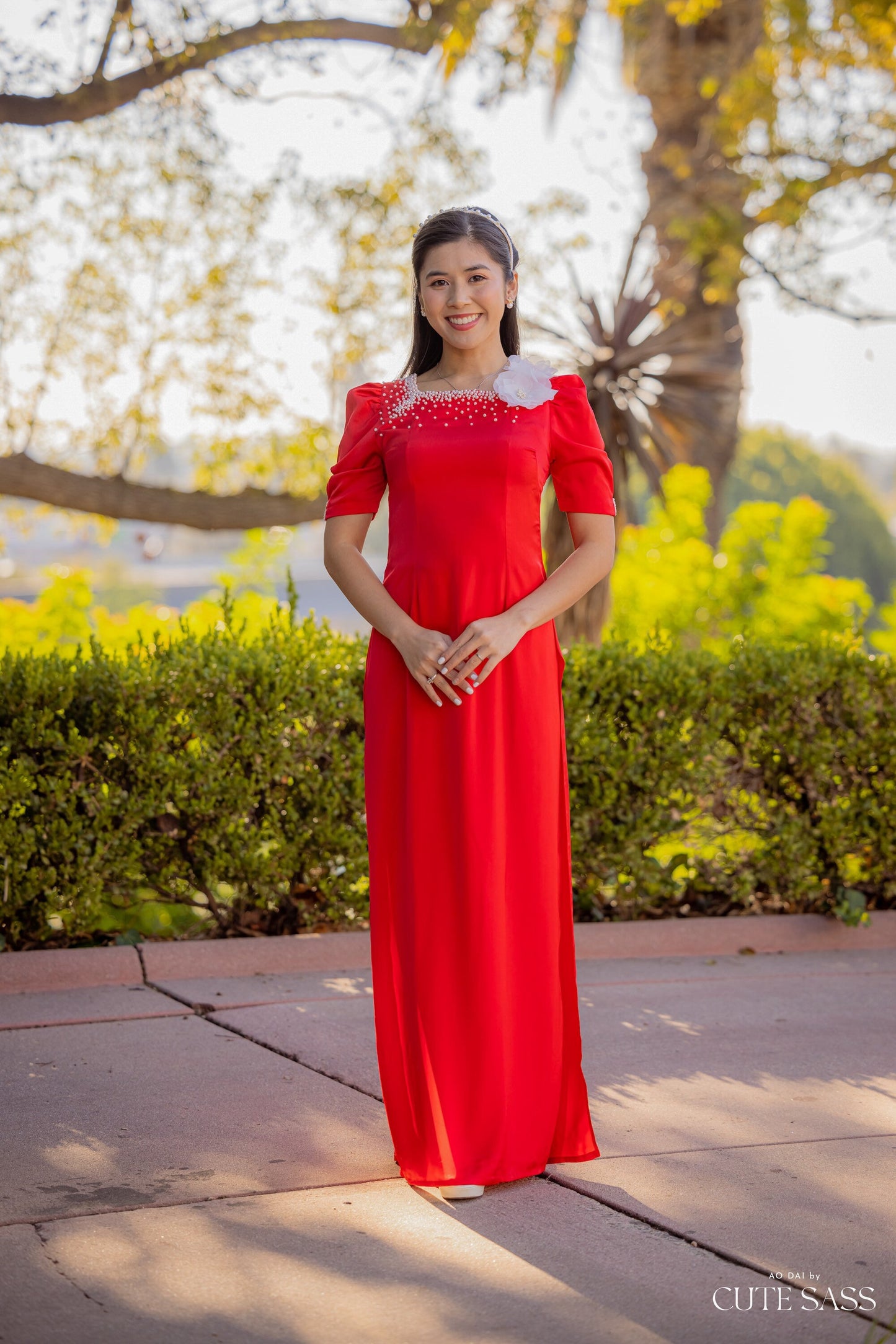 Red Square Neck 3D Flowers Silk Ao Dai Set