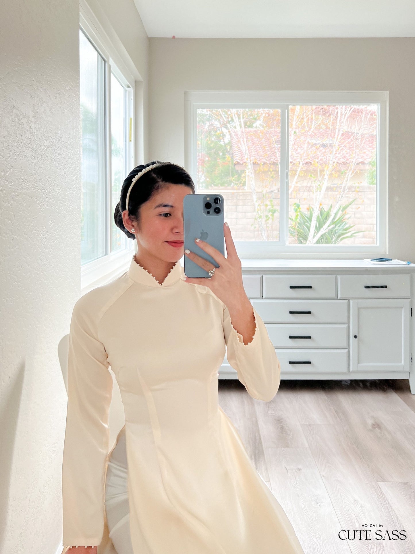 Cream High Collar Pearl Ao Dai Set | Pre-made Traditional Vietnamese Ao Dai| Lunar New Year| Ao Dai Truyen Thong| Women Ao Dai with Pants