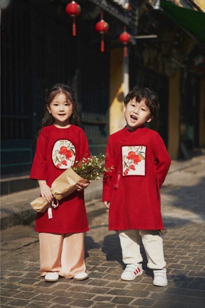 Sibling Orange Red Pom Ao Dai Set
