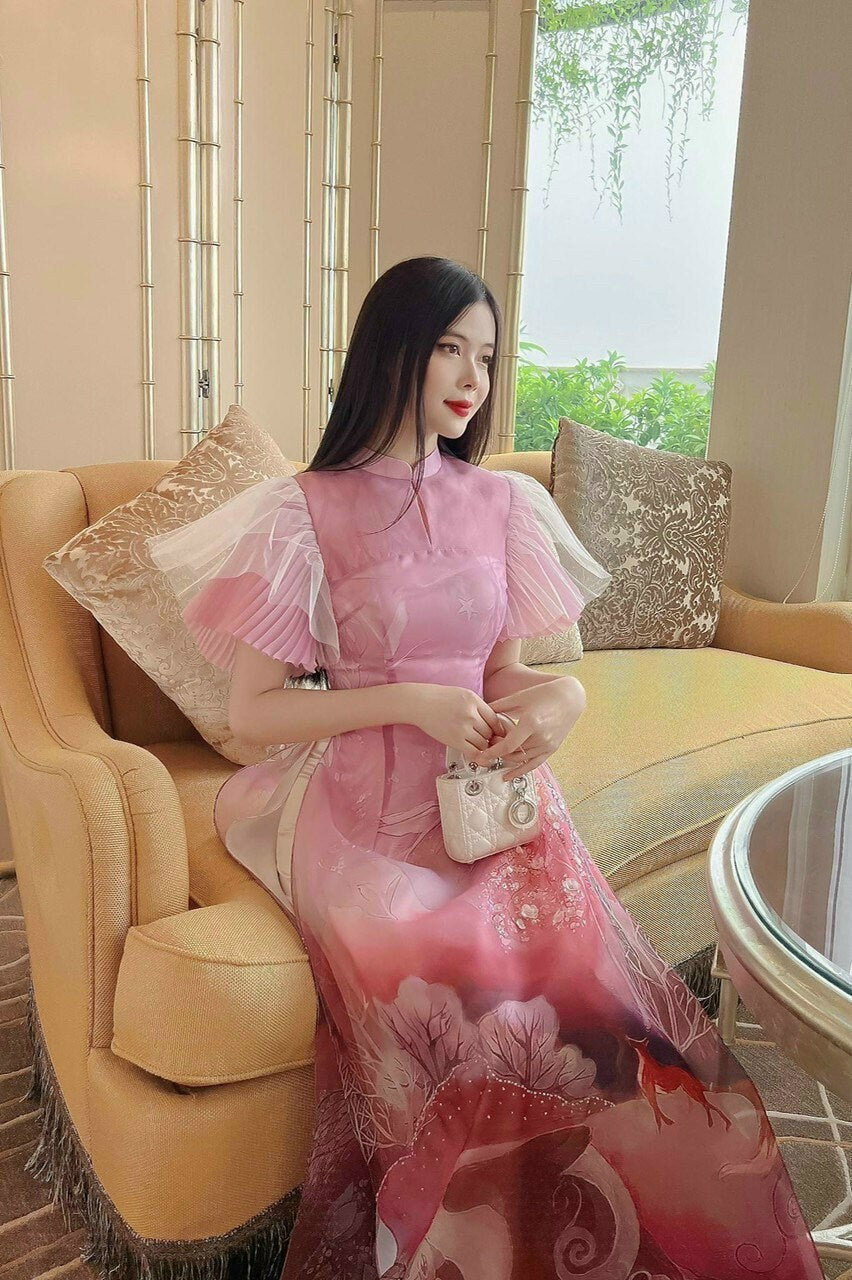 Pink/Purple Nightfalls Ruffle Sleeve Ao Dai Set