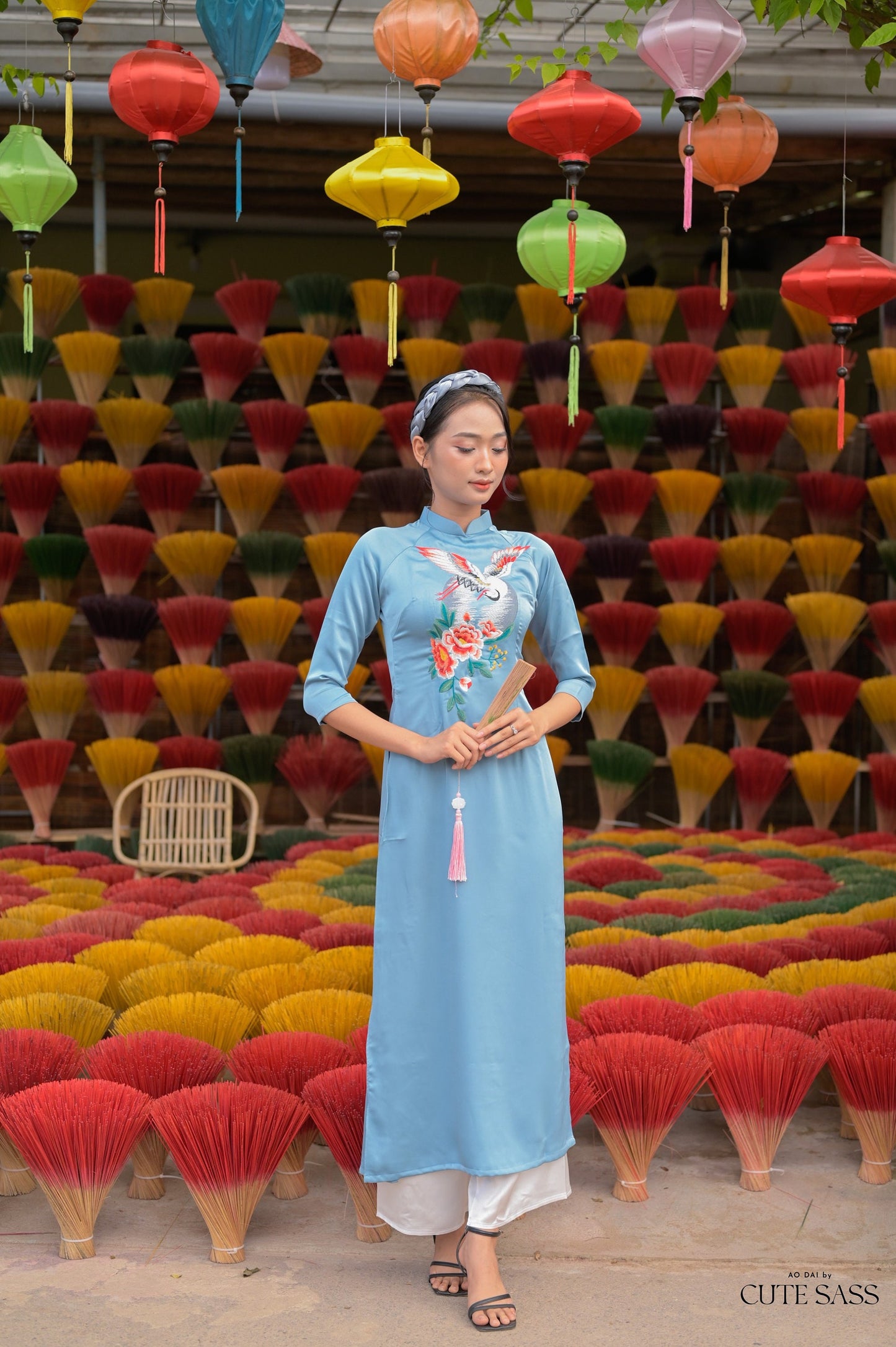 Blue Embroidery Moon Ao Dai Set