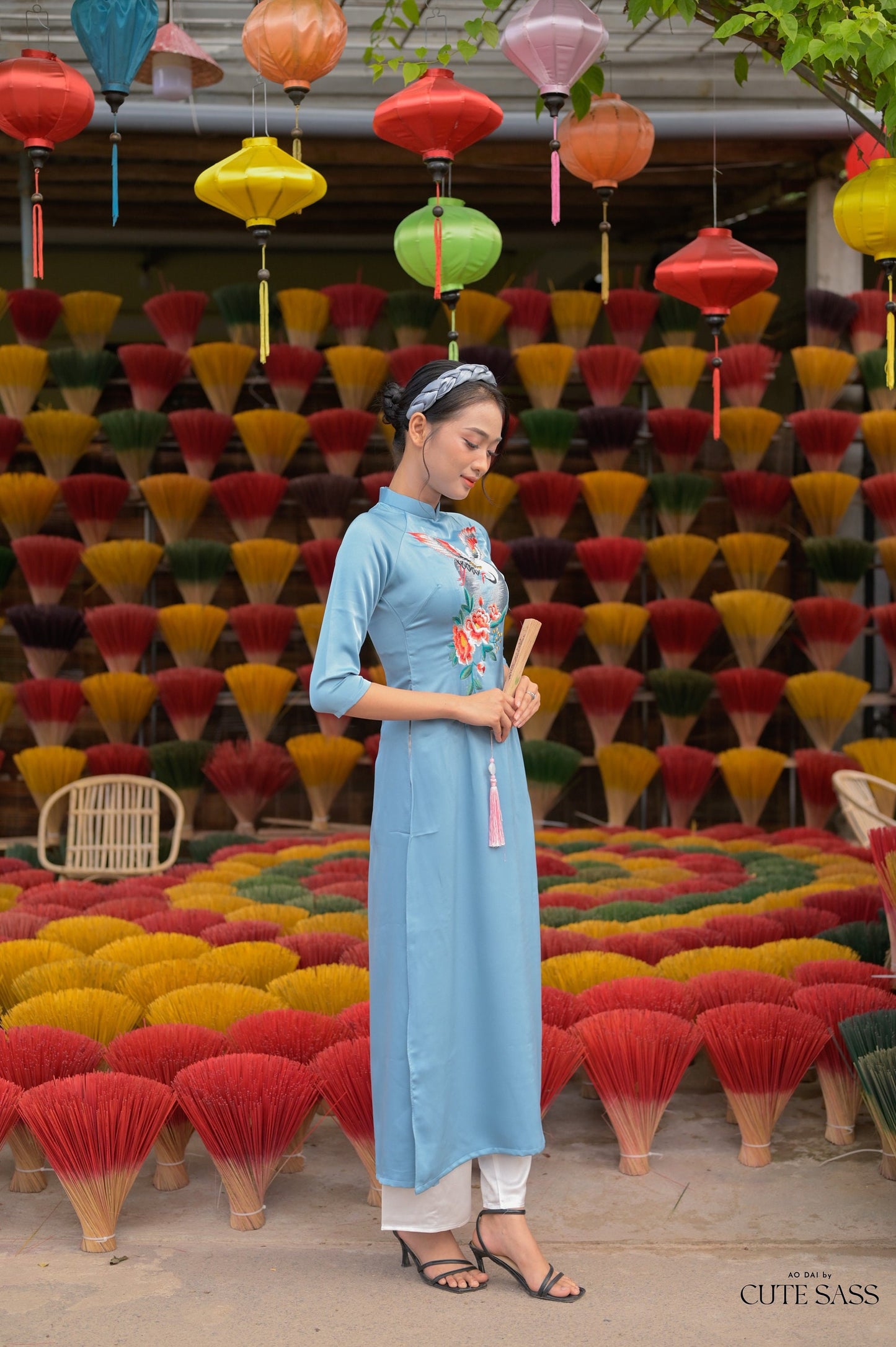 Blue Embroidery Moon Ao Dai Set