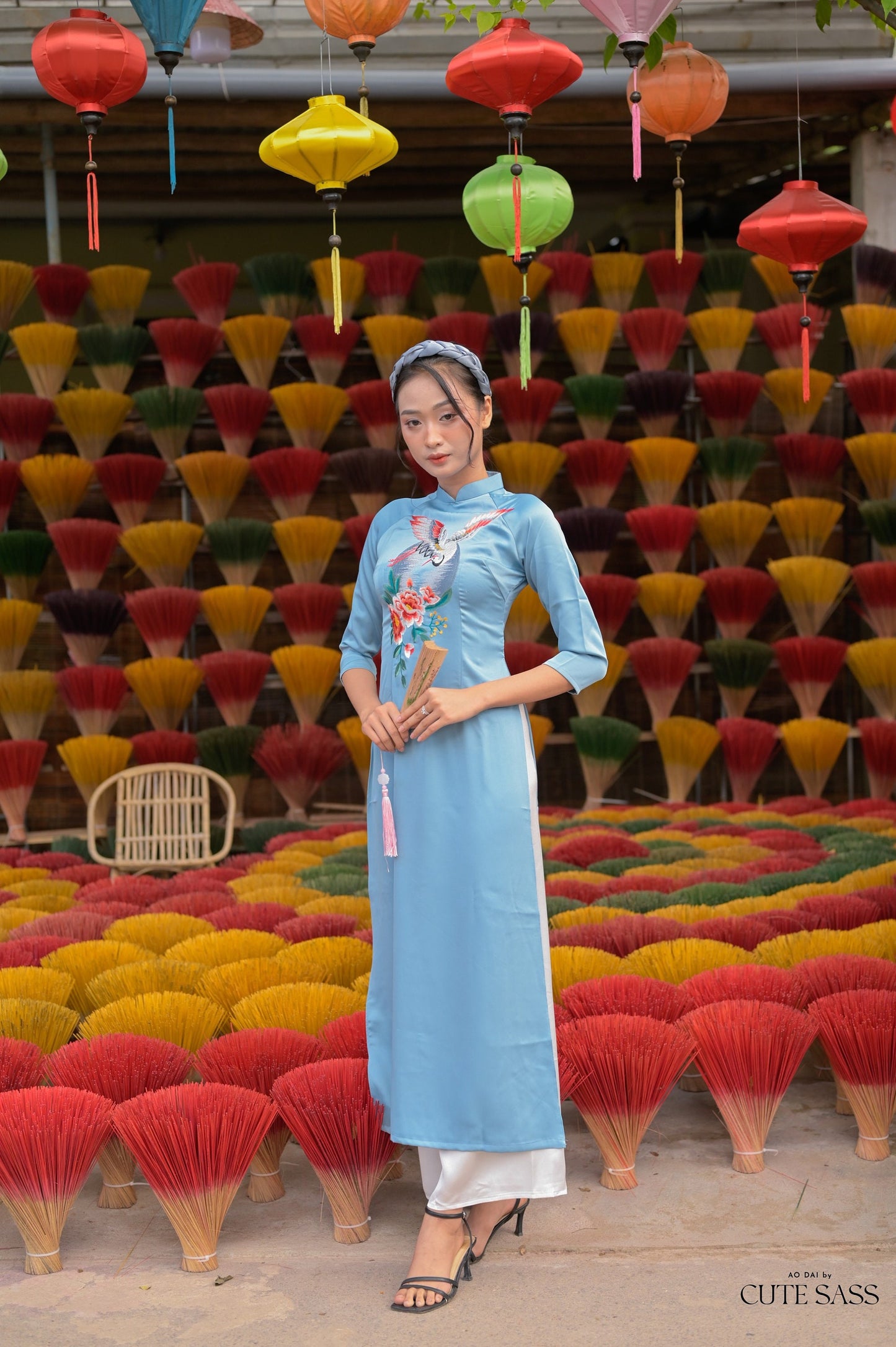 Blue Embroidery Moon Ao Dai Set