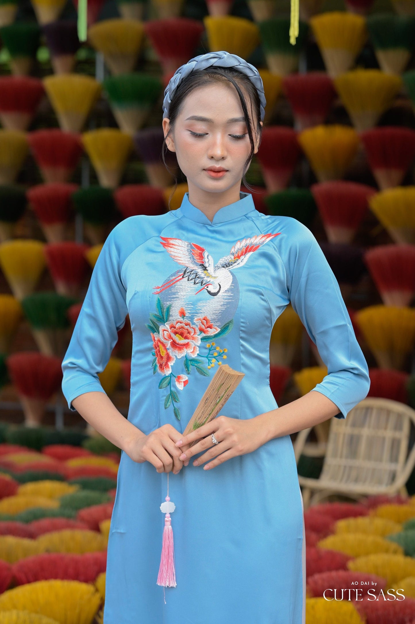 Blue Embroidery Moon Ao Dai Set
