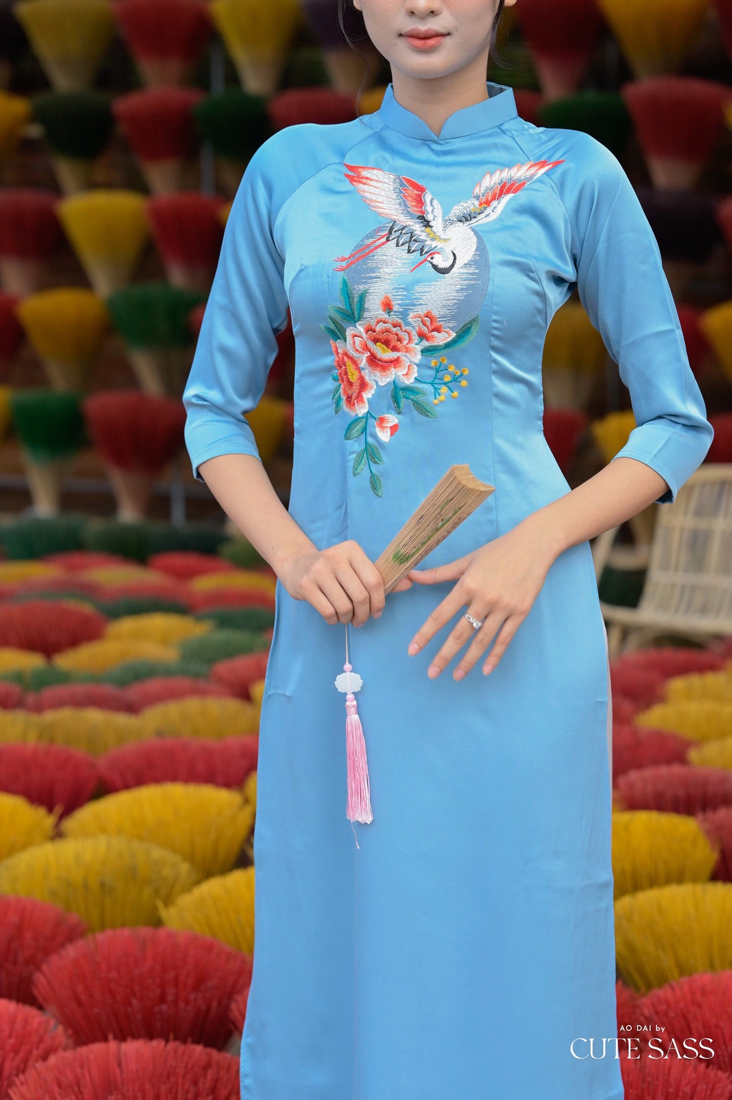 Blue Embroidery Moon Ao Dai Set