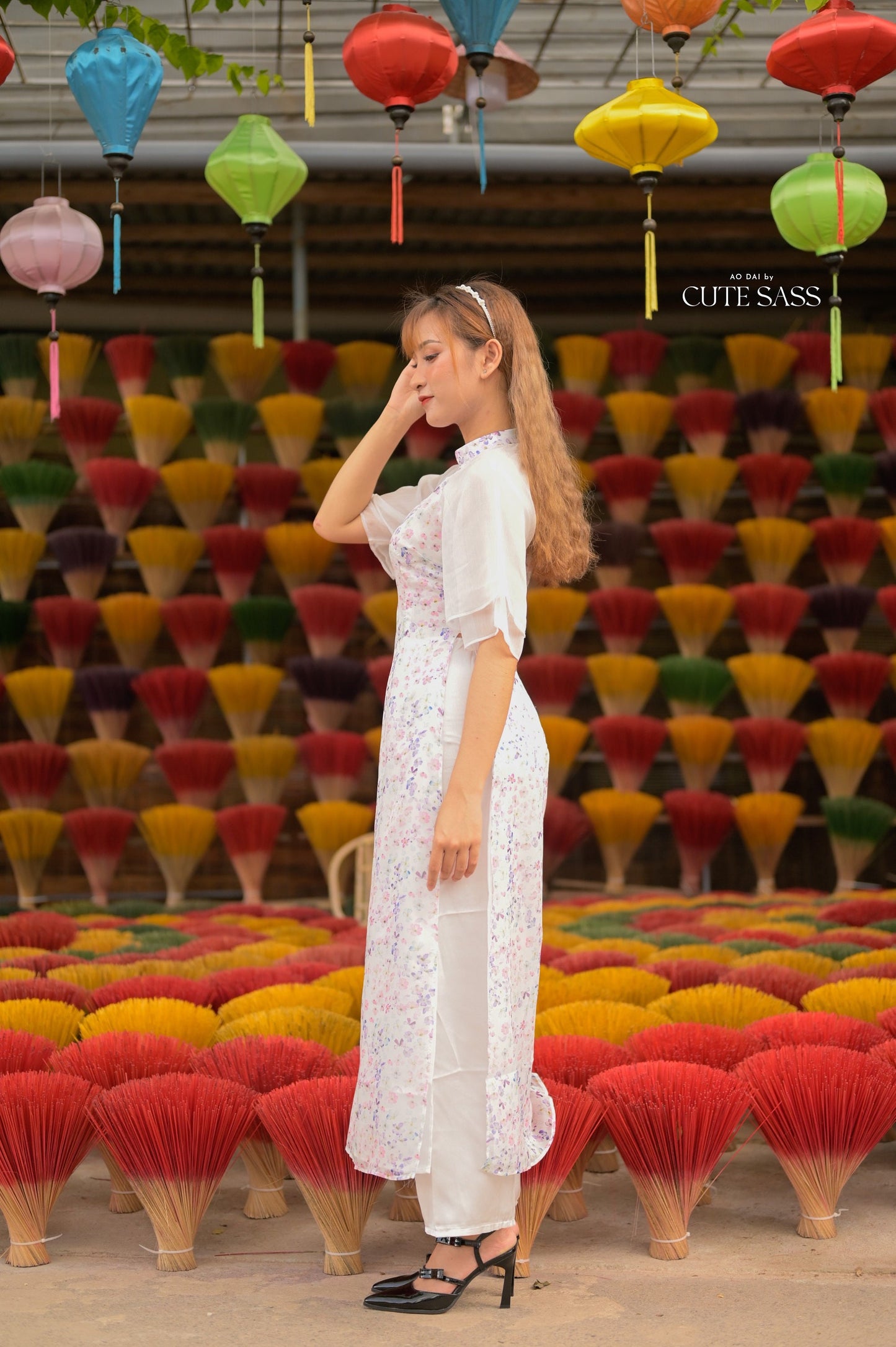 Purple Wing Sleeve Mini Flowers Ao Dai Set