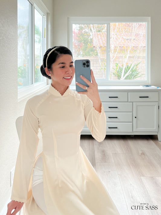 Cream High Collar Pearl Ao Dai Set | Pre-made Traditional Vietnamese Ao Dai| Lunar New Year| Ao Dai Truyen Thong| Women Ao Dai with Pants