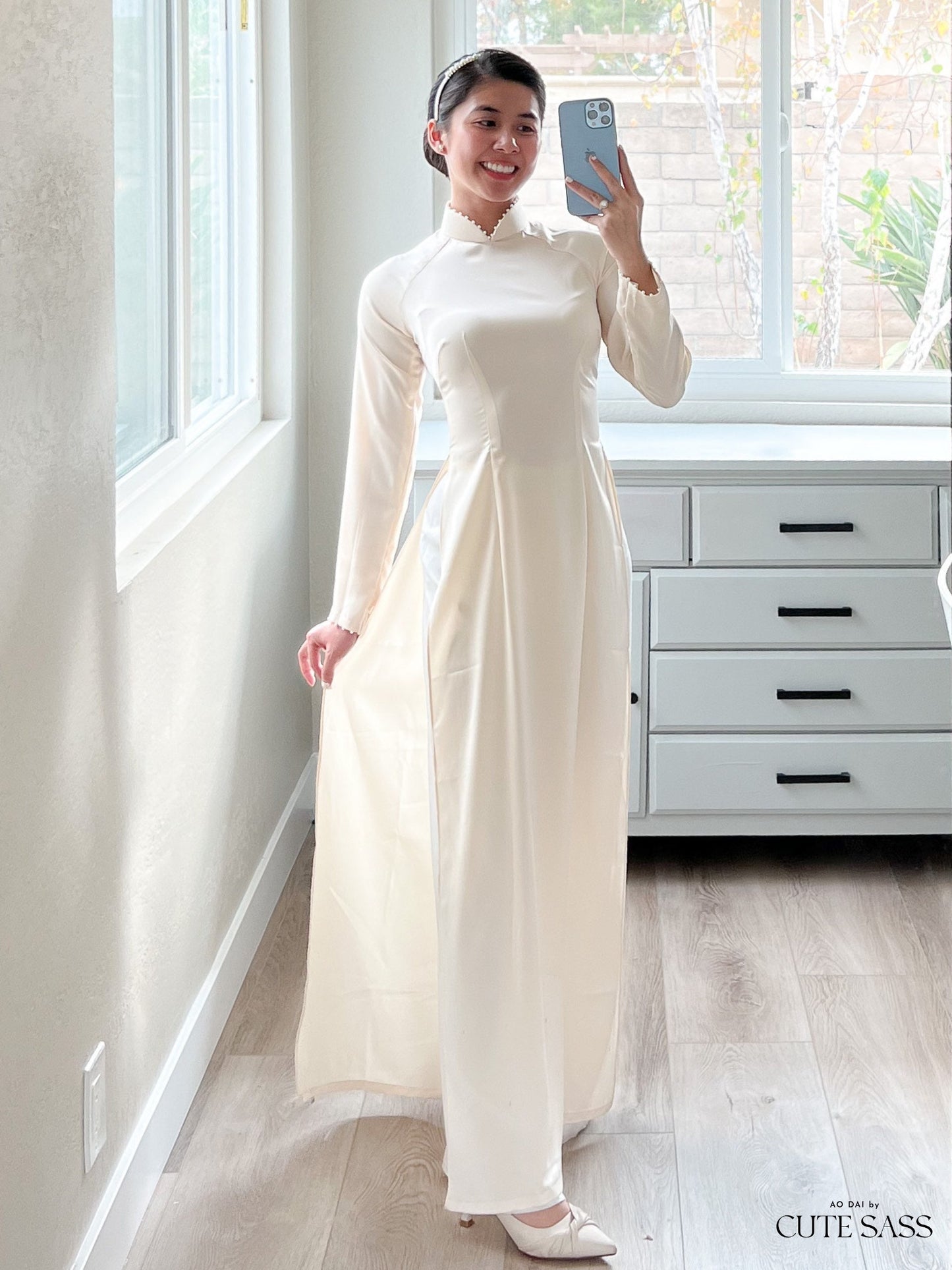 Cream High Collar Pearl Ao Dai Set | Pre-made Traditional Vietnamese Ao Dai| Lunar New Year| Ao Dai Truyen Thong| Women Ao Dai with Pants