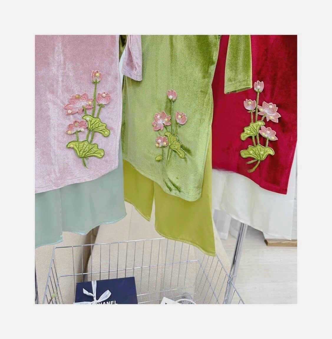 Girl Velvet Lotus Ao Dai Set (Green, Red, Pink)